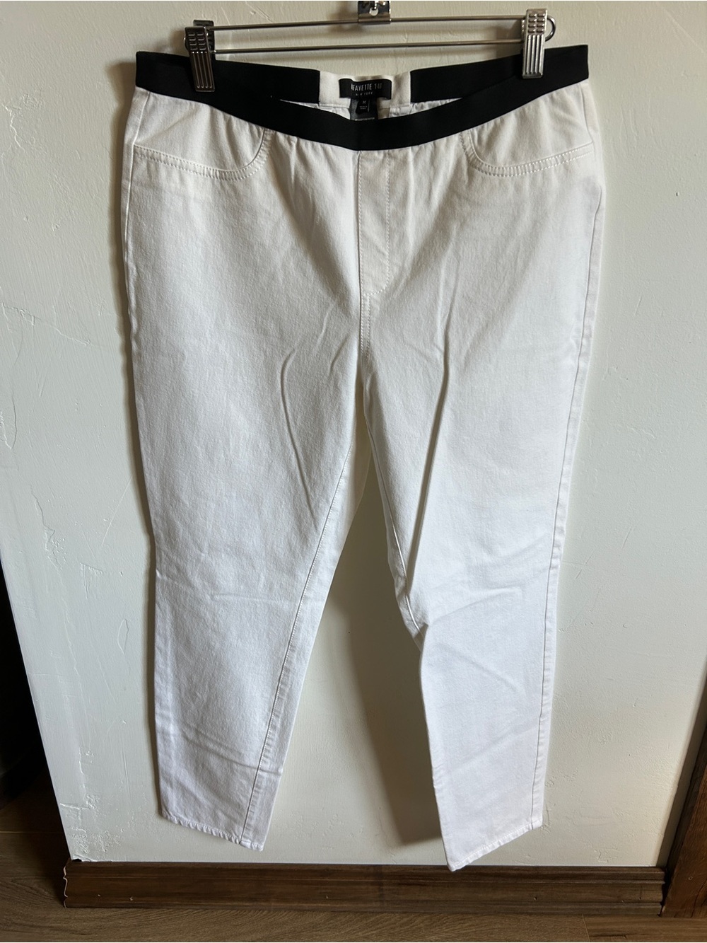 White Ankle Pants with Black Elastic Waistband